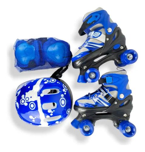 Kit Patines 4 Ruedas Ajustables Casco, Coderas Y Rodilleras