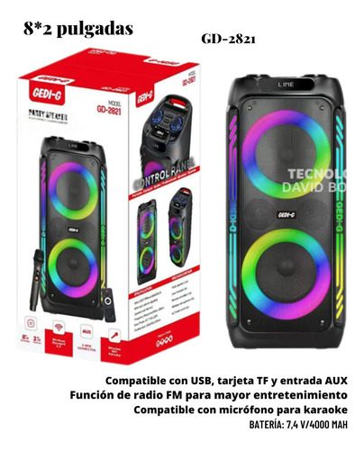 Altavoz Bluetooth Portátil 8 Pulgadas Micrófono Luces Led Rg Negro 110v - Imagen 6