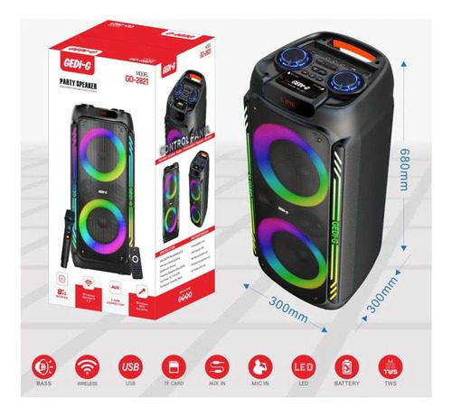 Altavoz Bluetooth Portátil 8 Pulgadas Micrófono Luces Led Rg Negro 110v - Imagen 4